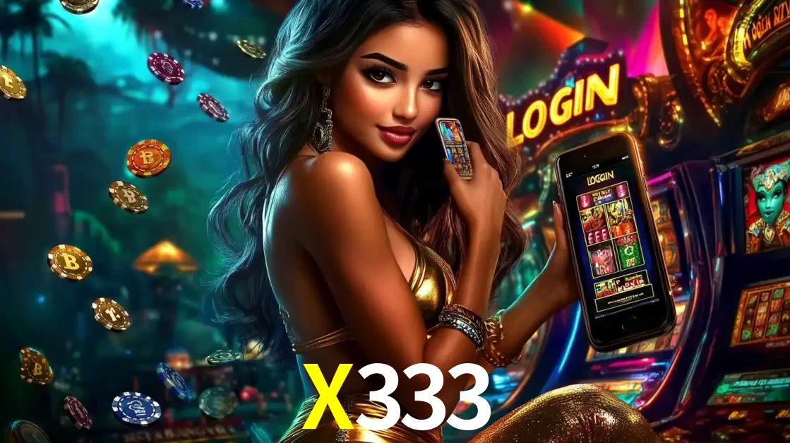 Mulher em um cenário de cassino temático de aventura, mostrando o app de caça-níqueis da X333 no celular. Fichas de apostas flutuam ao redor.